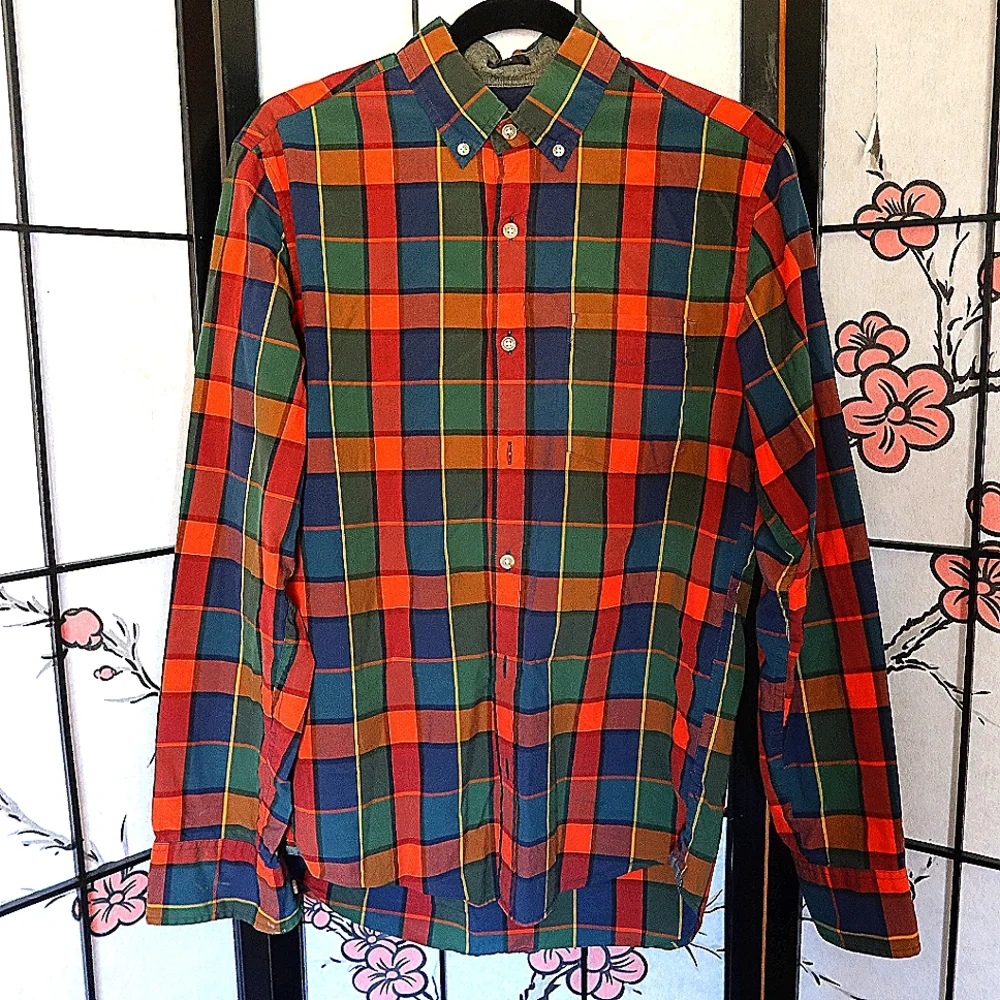 J. Crew Tartan Slim Plaid Orange Blue Green Button Down Shirt Size Small